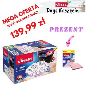 TOP Zestaw Mop Obrotowy VILEDA TURBO 3w1 Mikrofibra Wring + Vileda ściereczka Actifibre soft różowa w PREZENCIE! 