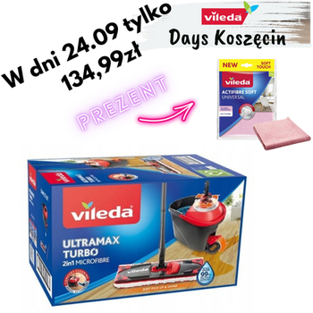 TOP Zestaw Vileda Mop Płaski obrotowy Ultramax TURBO Easy Wring  + Vileda ściereczka Actifibre soft różowa w PREZENCIE!