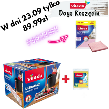 TOP Zestaw Vileda Ultramax box ze ściereczkami + Vileda ściereczka Actifibre soft różowa w PREZENCIE